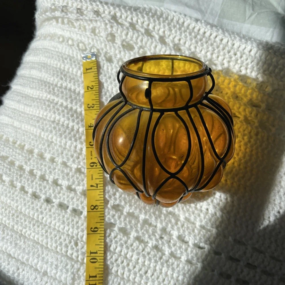 Hanging Iron Caged Amber Glass Bubble Candle Holder Luminary Vase Moroccan  MCM